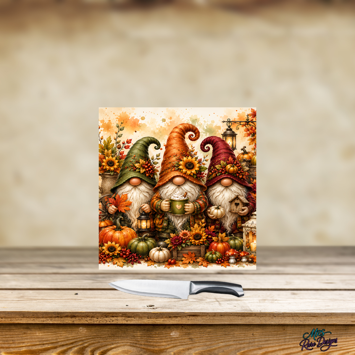 Cozy Autumn Gnomes Square Glass Cutting Board
