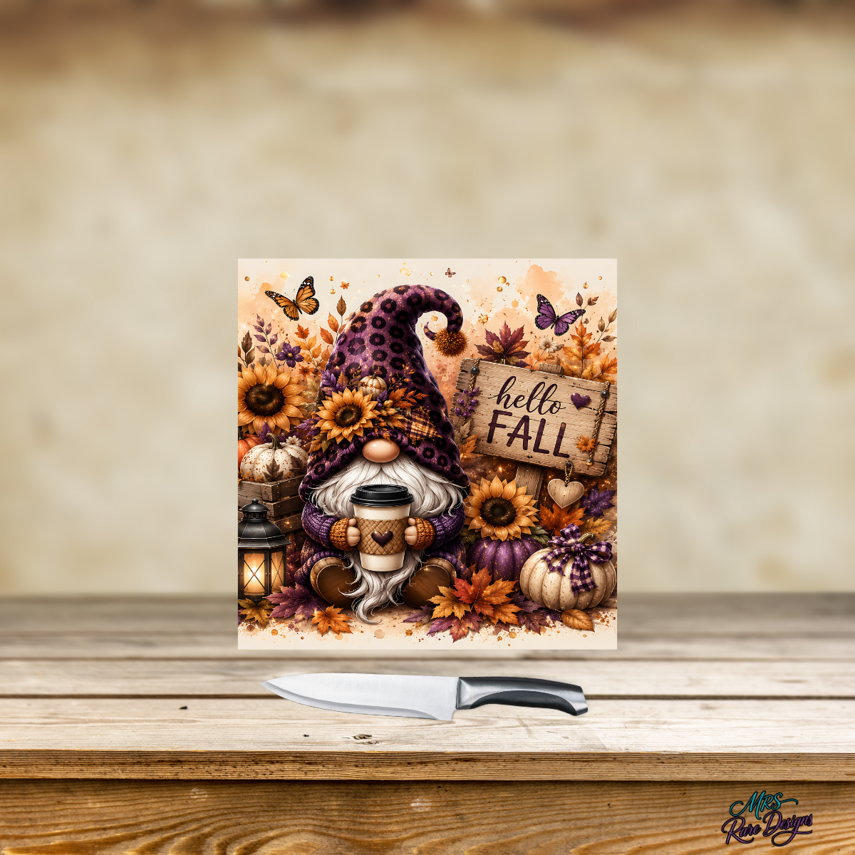 Purple Leopard Print Gnome "Hello Fall" Square Glass Cutting Board