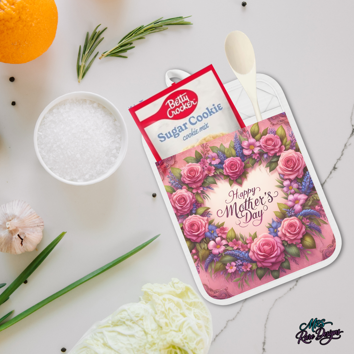 Happy Mother’s Day Floral Pocket Oven Mitt Gift Set – Cookie Mix & Wooden Spoon Included