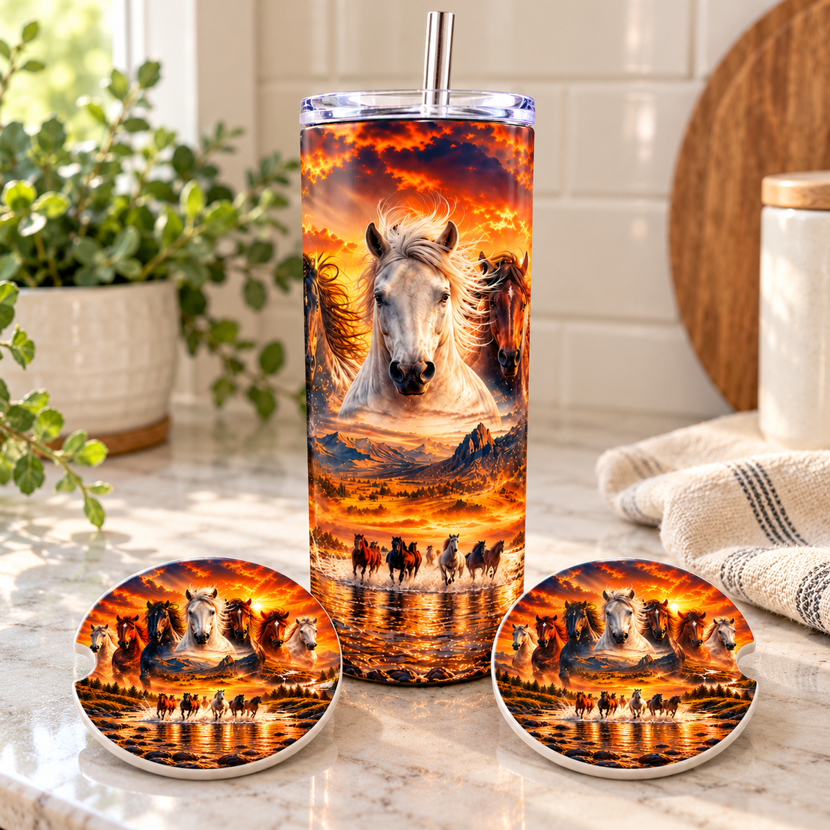 Wild & Free Gift Set (20 oz Stainless Steel Tumbler + 2 Ceramic Car Coasters)