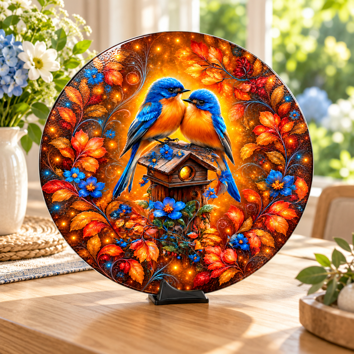 Amber Garden Bluebirds Round Glass Cutting Board – 11.8 Inch