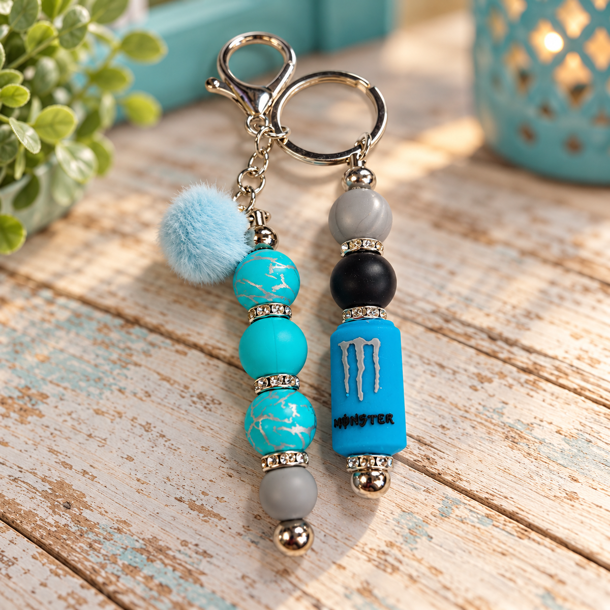 Blue Energy Drink Beaded Keychain with Pom Pom