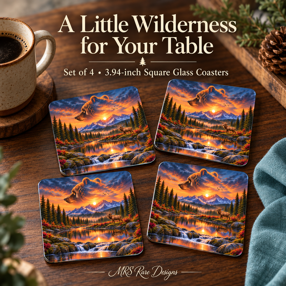 Bear Valley Sunset Square Glass Coasters – Set of 4