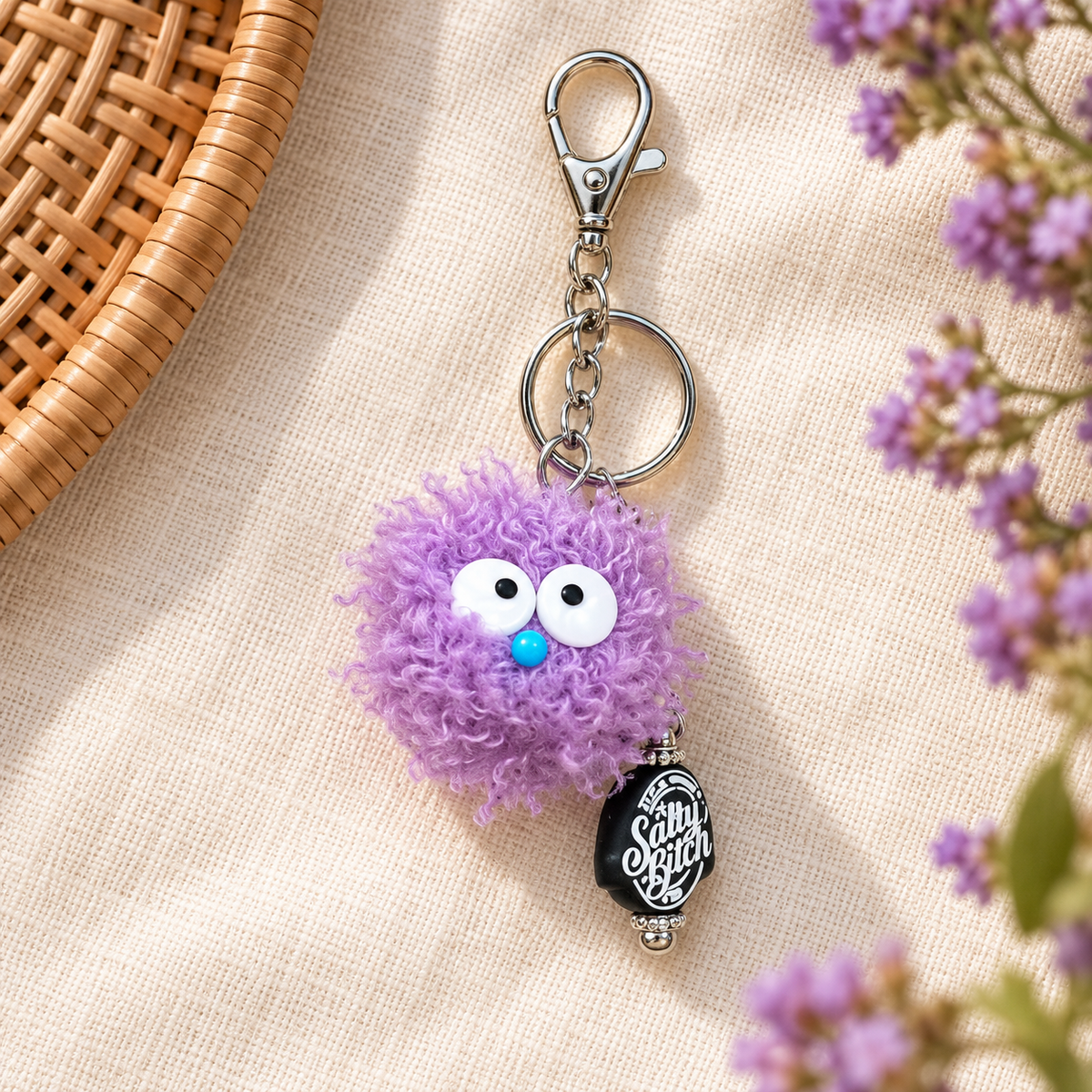 Fuzzy Purple Monster Keychain with Charm