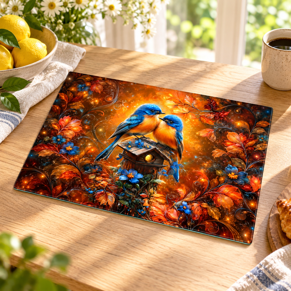 Amber Garden Bluebirds Glass Cutting Board – 11 x 7.87 Inch