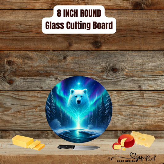 Aurora Guardian Bear — 8″ Round Glass Cutting Board