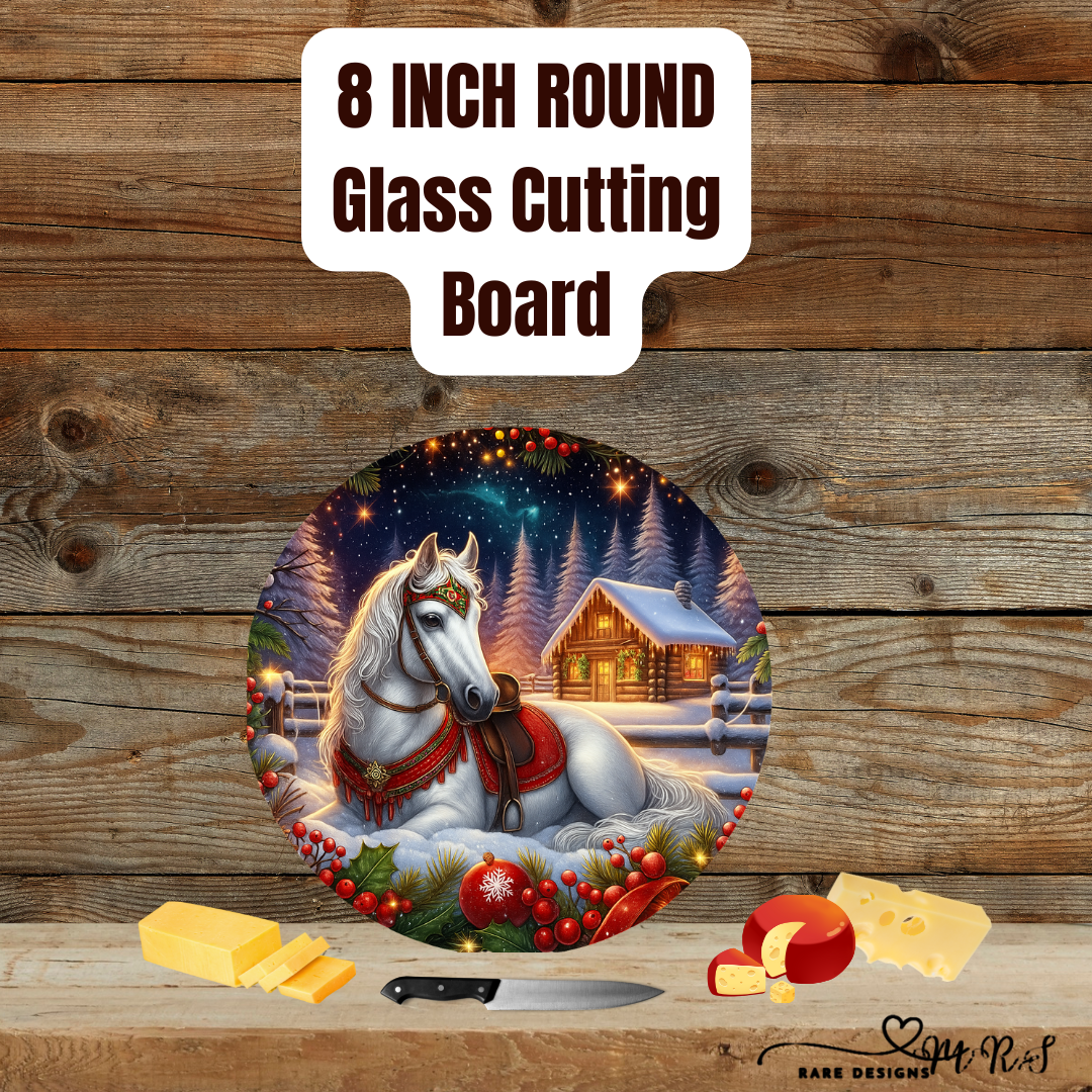 Winter Welcome Horse Cabin Round Glass Cutting Board – 8 Inch