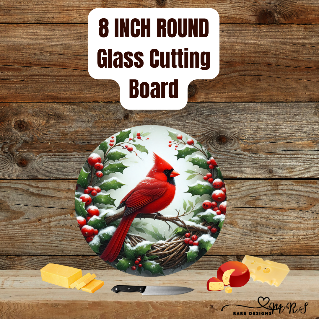 Cardinal & Holly Round Glass Cutting Board — 8" Holiday Kitchen Accent