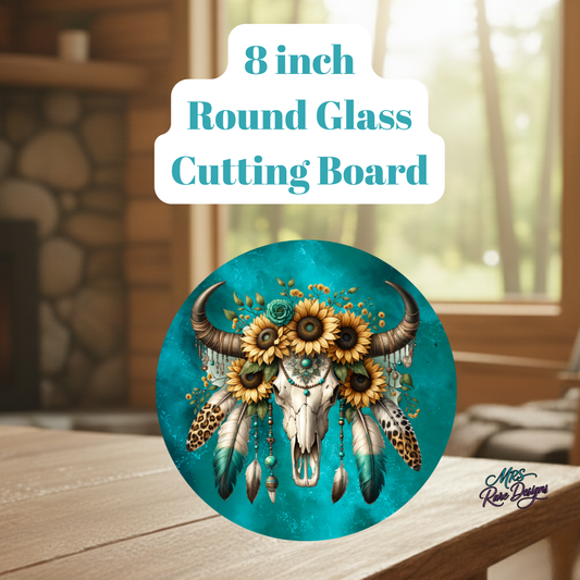 Turquoise Sunflower Buffalo Skull Round Glass Cutting Board – 8-Inch Boho Western Kitchen Décor