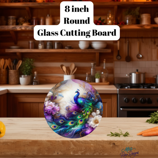 Peacock Radiance 8-Inch Round Glass Cutting Board – Artistic Tempered Glass Kitchen Decor