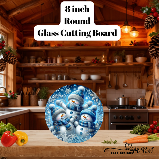 Frosty Friends Round Glass Cutting Board – 8‑Inch Holiday Snowman Design