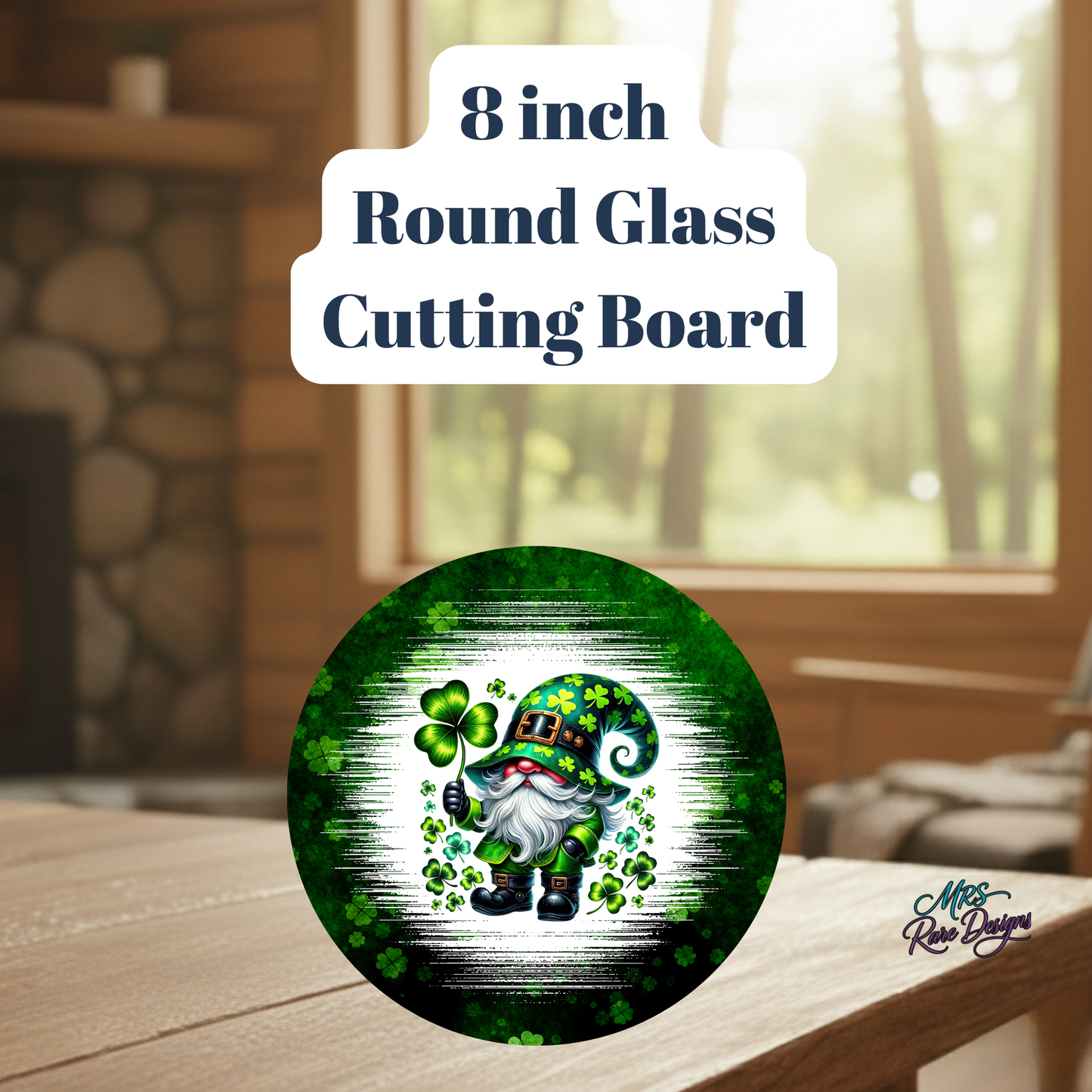 St. Patrick’s Day Gnome 8-Inch Round Glass Cutting Board – Shamrock Kitchen Decor
