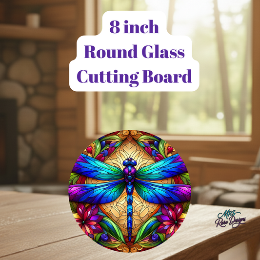 8-Inch Round Dragonfly Glass Cutting Board – Colorful Stained Glass Kitchen Art