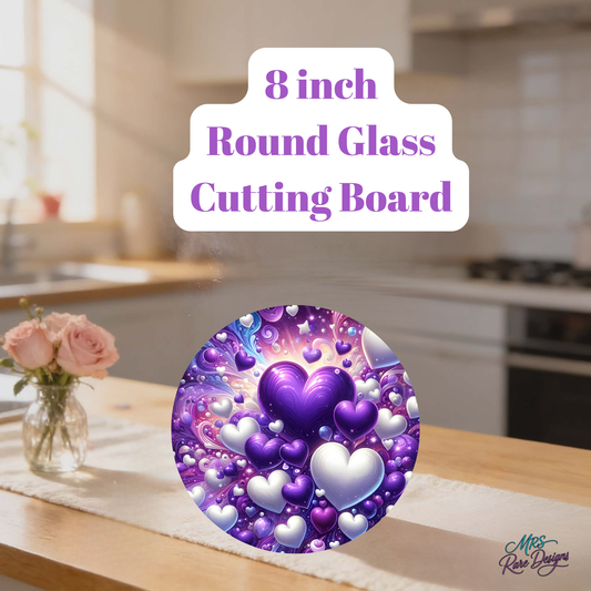 Purple Hearts Round Glass Cutting Board – 8-inch Decorative Tempered Kitchen Board