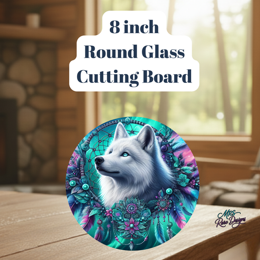 Mystical White Wolf Dreamcatcher — 8" Round Glass Cutting Board