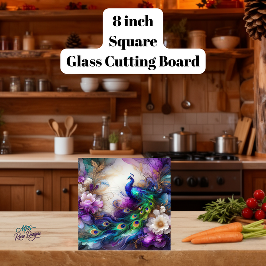 Peacock Harmony 8-Inch Square Glass Cutting Board – Elegant Tempered Glass Kitchen Art Board