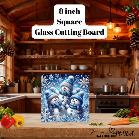 Frosty Trio Square Glass Cutting Board – 8‑Inch Winter Snowman Design
