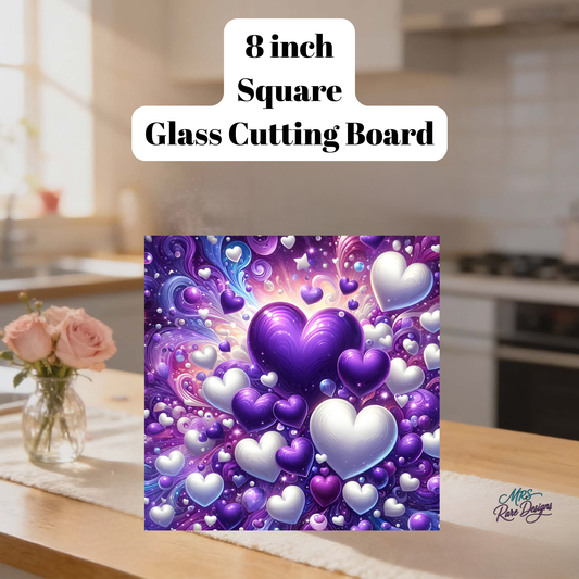 Purple Hearts Square Glass Cutting Board – 8-inch Tempered Decorative Kitchen Board