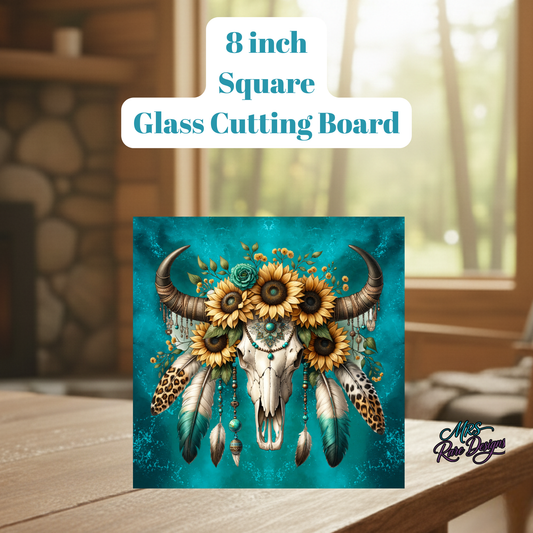 Turquoise Sunflower Buffalo Skull Glass Cutting Board – 8-Inch Square Boho Western Kitchen Décor