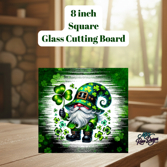 St. Patrick’s Day Gnome 8-Inch Square Glass Cutting Board – Irish Shamrock Kitchen Decor