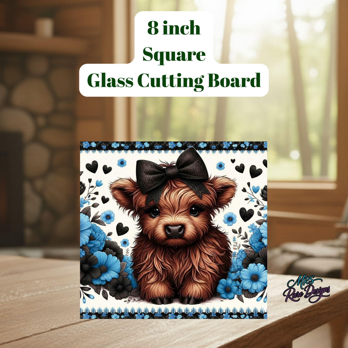 Highland Cow 8-Inch Square Glass Cutting Board Collection – Floral Farmhouse Kitchen Decor