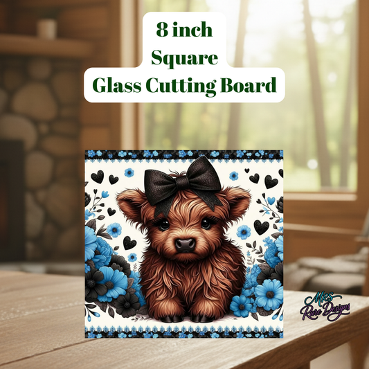 Highland Cow 8-Inch Square Glass Cutting Board Collection – Floral Farmhouse Kitchen Decor