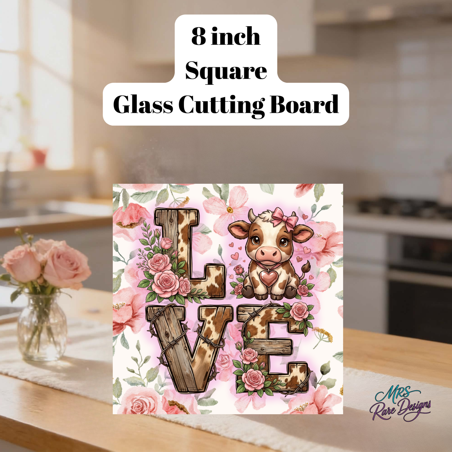 Rustic Love Cow Floral Glass Cutting Board Collection – Round, Square & Rectangle