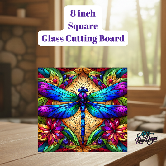 8-Inch Square Dragonfly Glass Cutting Board – Vibrant Stained Glass Kitchen Decor