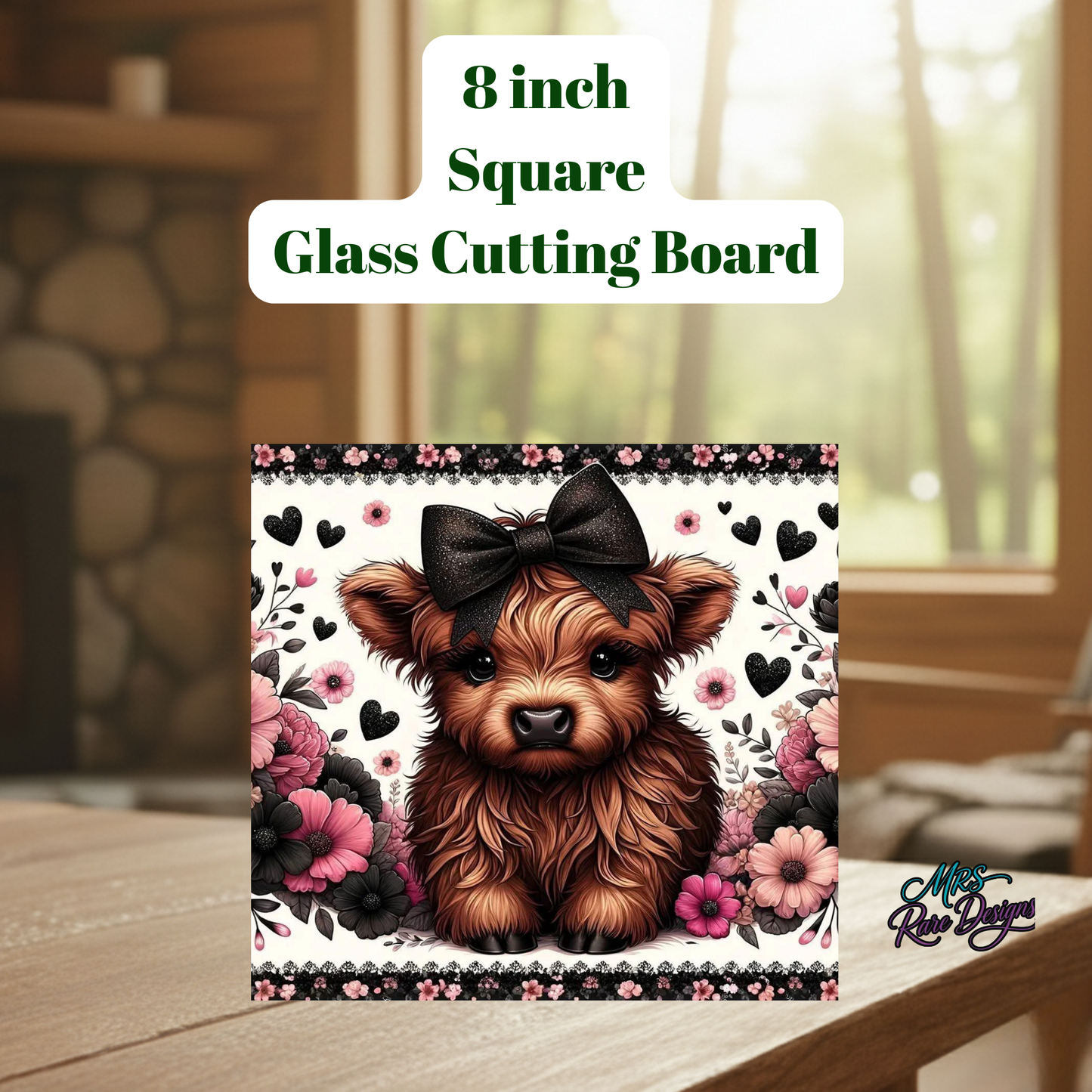 Highland Cow 8-Inch Square Glass Cutting Board Collection – Floral Farmhouse Kitchen Decor