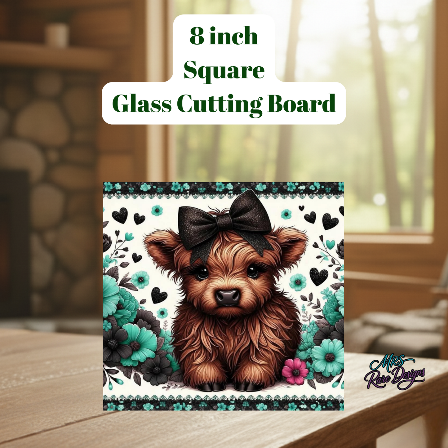 Highland Cow 8-Inch Square Glass Cutting Board Collection – Floral Farmhouse Kitchen Decor