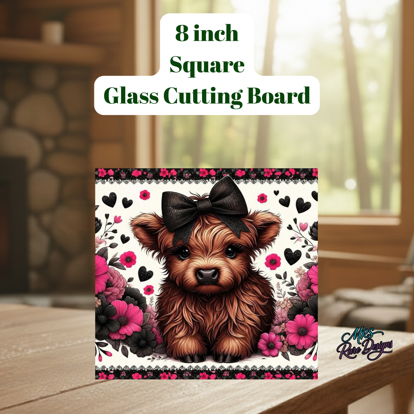 Highland Cow 8-Inch Square Glass Cutting Board Collection – Floral Farmhouse Kitchen Decor