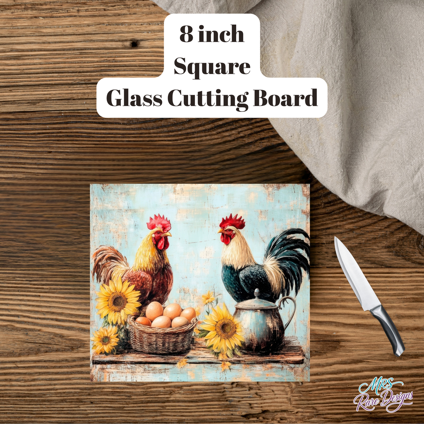 Farmhouse Rooster & Sunflower Charm Glass Board Set