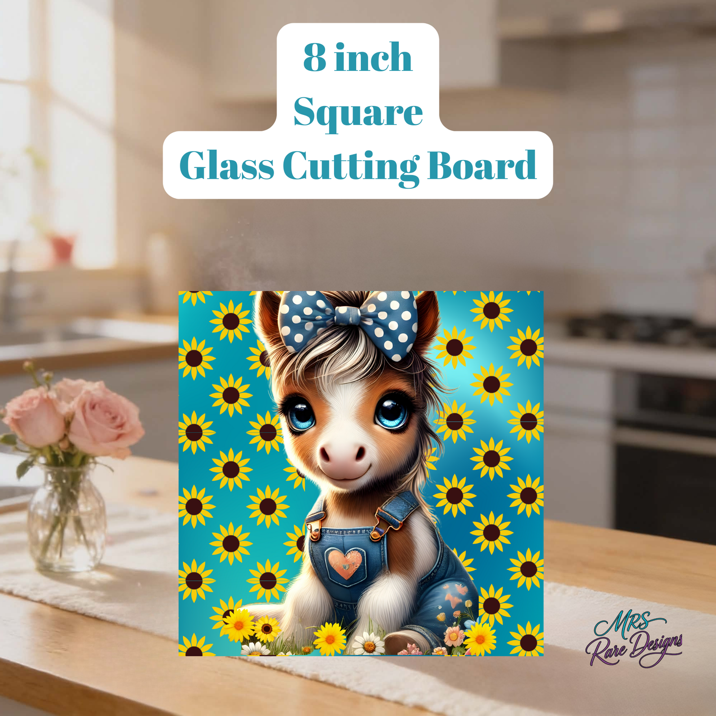 Cute Baby Donkey Sunflower Glass Cutting Board – 8 Inch Square Kitchen Gift by Mrs Rare Designs