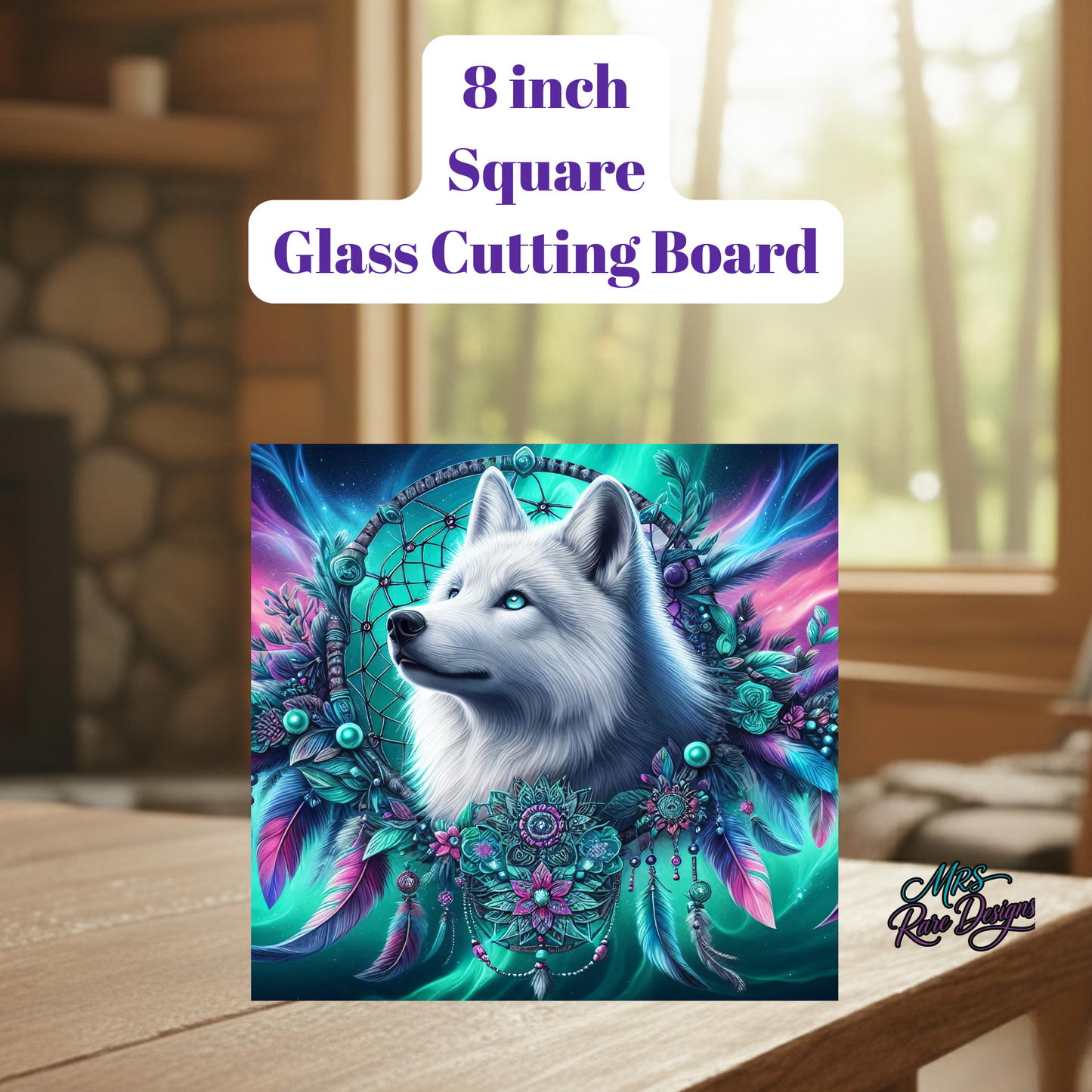 Mystic White Wolf Dreamcatcher Glass Cutting Board – 8" Square Kitchen Decor