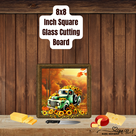 Harvest Sunflower Pickup Pair — 8×8 Glass Cutting Boards (Green & Red)