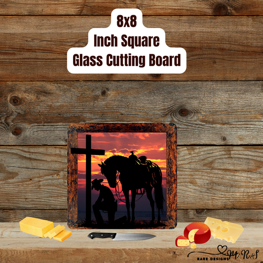 Cowboy’s Prayer at Sunset — 8x8 Glass Cutting Board Collection