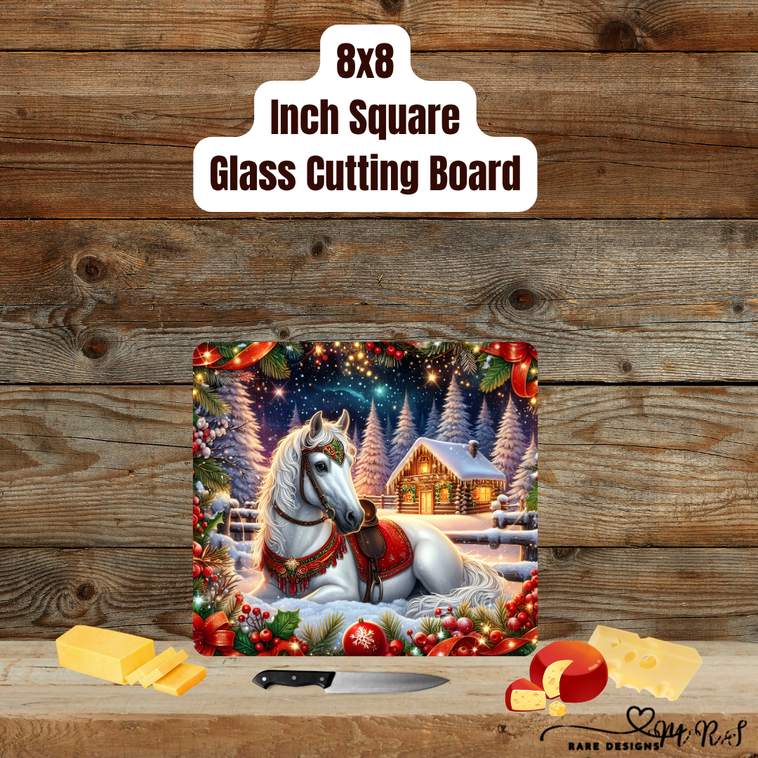 Winter Welcome Horse Cabin Glass Cutting Board – 8x8 Square
