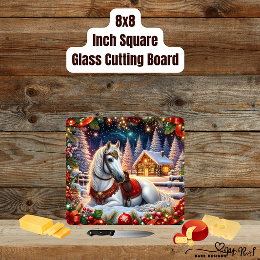 Winter Welcome Horse Cabin Glass Cutting Board – 8x8 Square