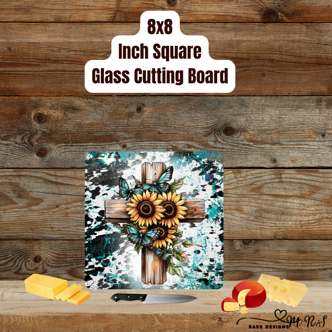 8×8 Square Glass Cutting Board – Rustic Turquoise Cross