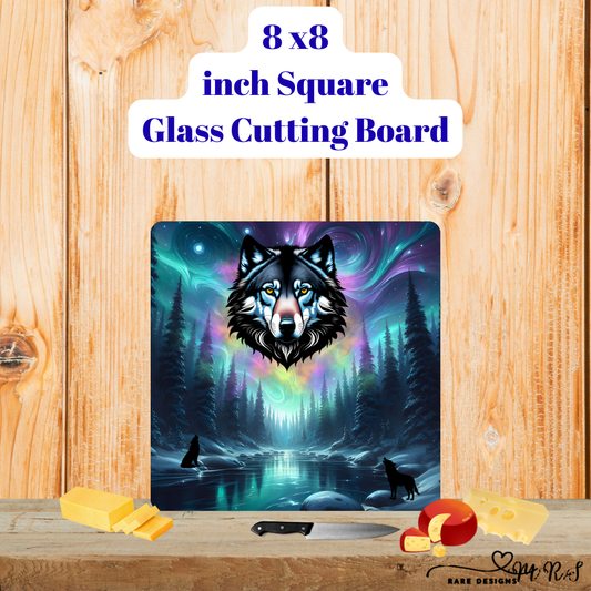 Aurora Howl Wolf Spirits — 8×8 Glass Cutting Board Duo