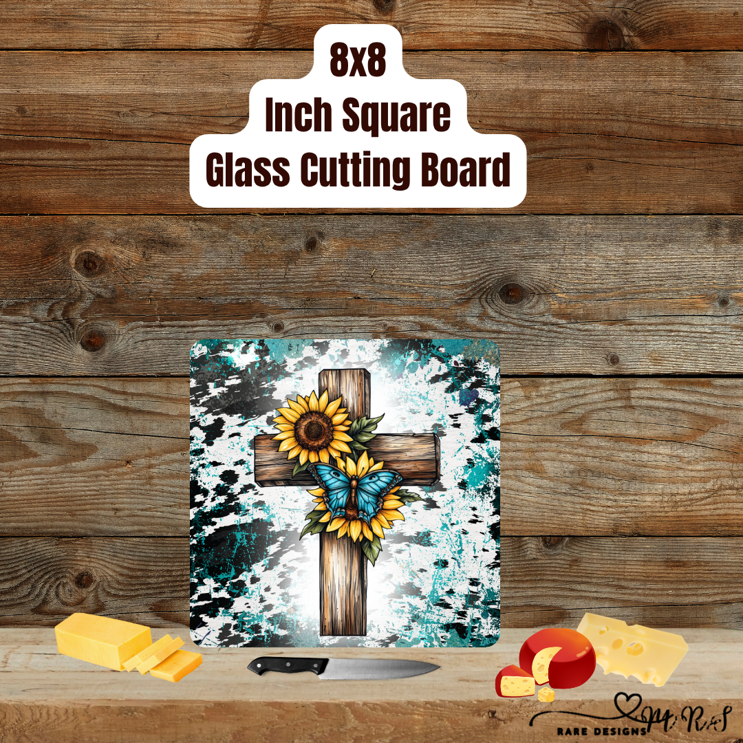 8×8 Square Glass Cutting Board – Rustic Turquoise Cross
