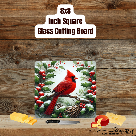 Cardinal & Holly Glass Cutting Board — 8x8 Square Holiday Kitchen Accent