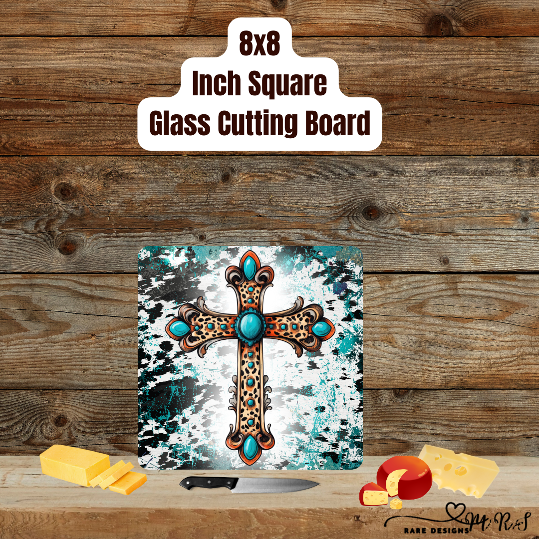 8×8 Square Glass Cutting Board – Rustic Turquoise Cross