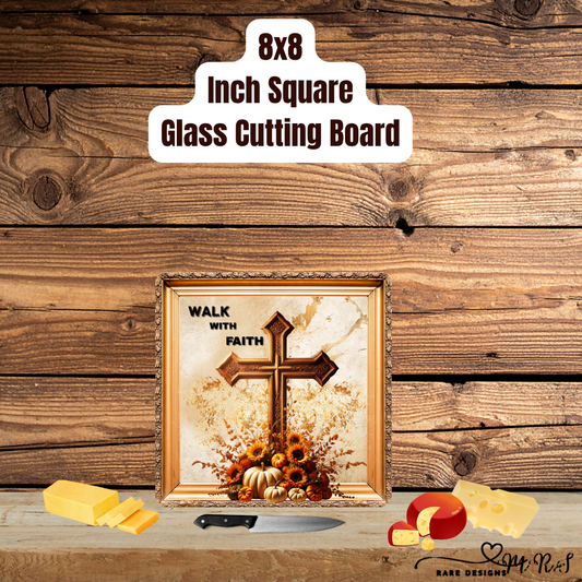 Walk With Faith Autumn Cross Glass Cutting Board – 8×8 Square