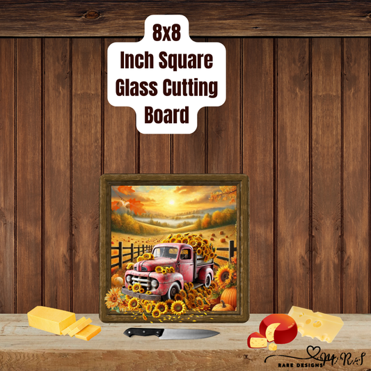 Sunflower Farmhouse Truck Duo — 8×8 Glass Cutting Boards (Red & Green)