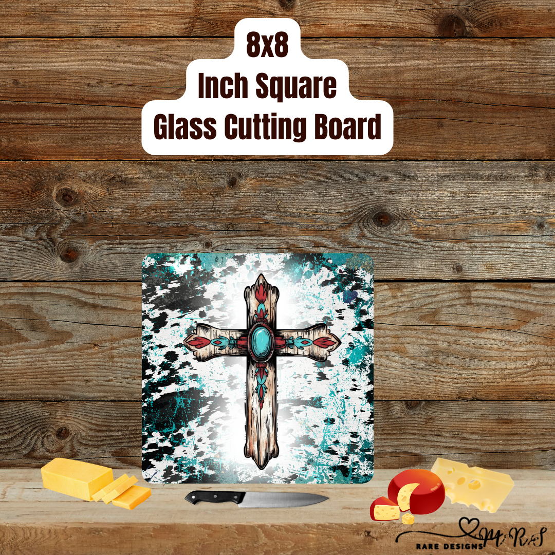 8×8 Square Glass Cutting Board – Rustic Turquoise Cross