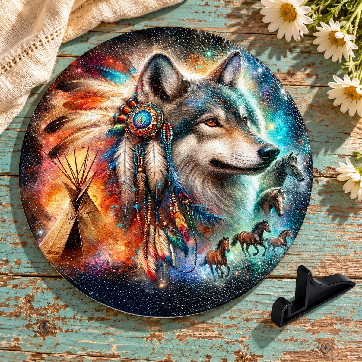 Wild Spirit Wolf 11.8-Inch Round Glass Cutting Board with Stand