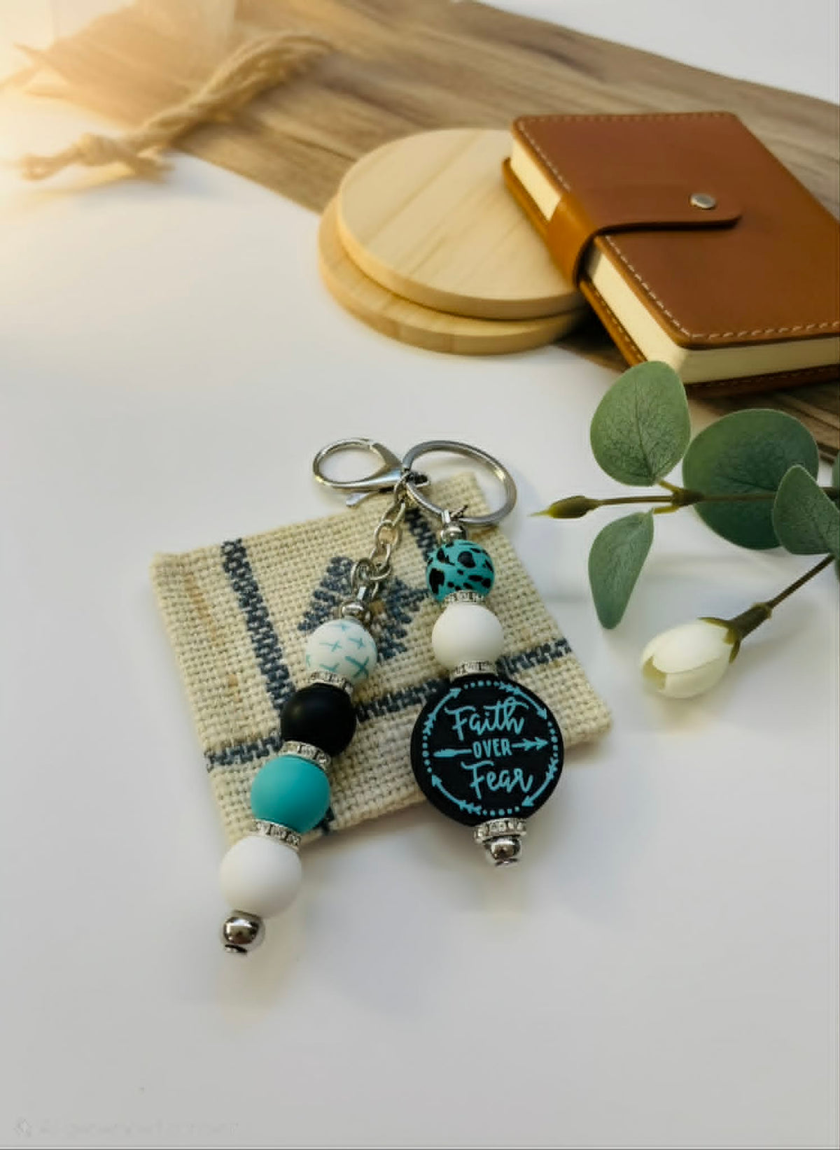 Courage in Teal Faith Over Fear Beaded Keychain