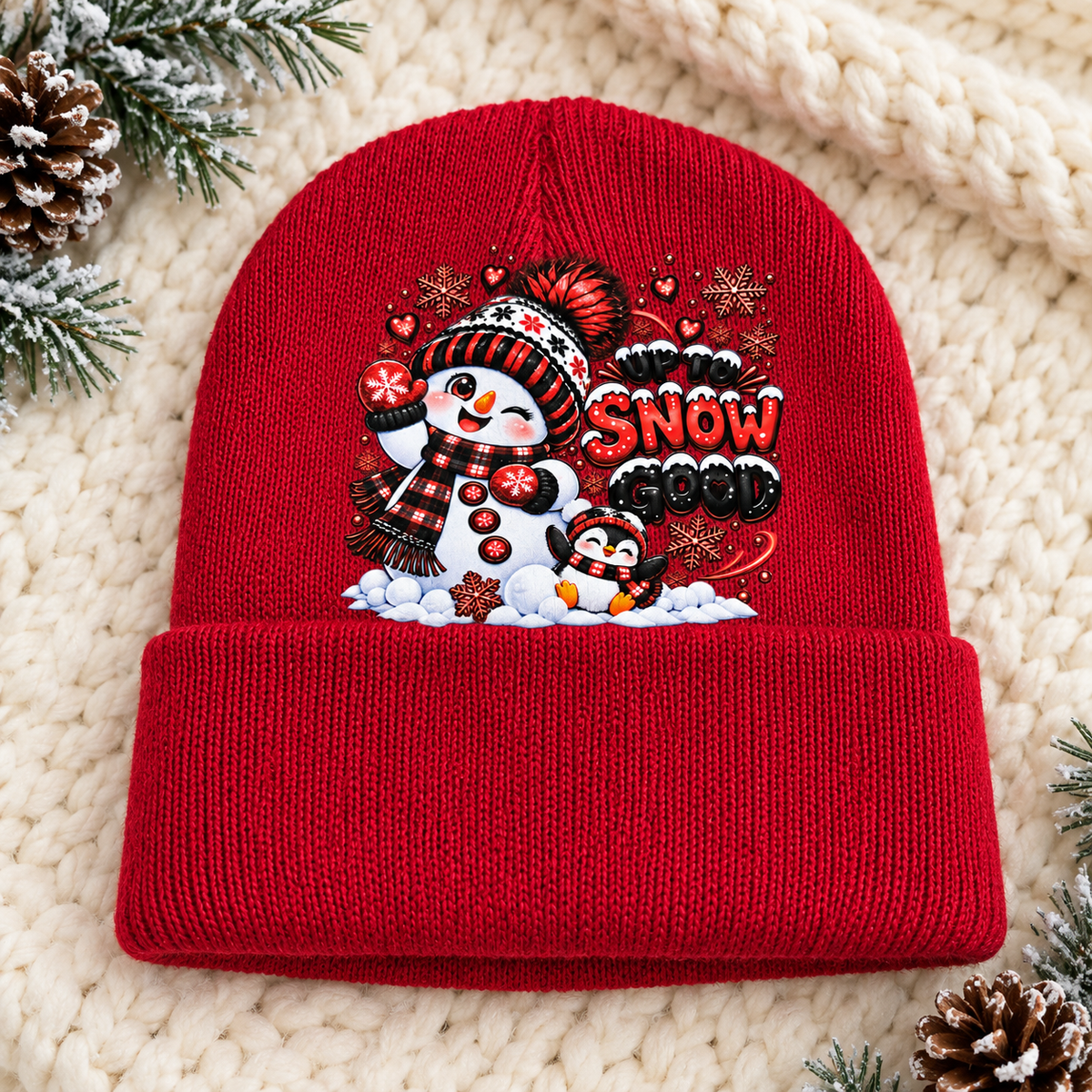 Up to Snow Good Red Kids’ Snowman & Penguin Beanie