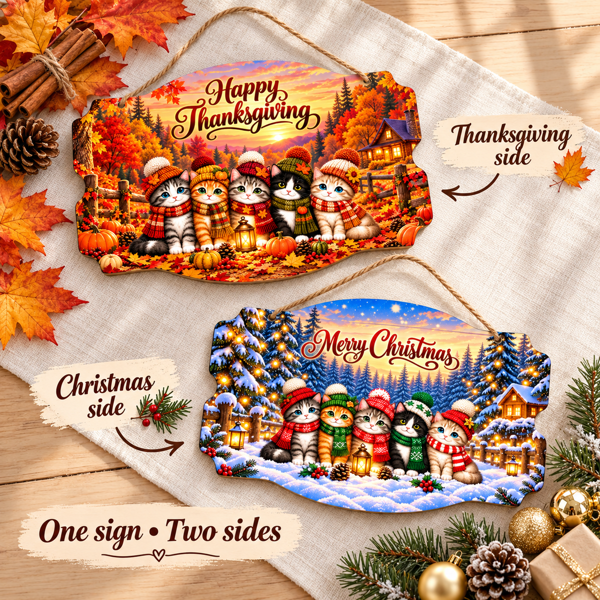 Cozy Kitty Seasons Double-Sided Metal Sign
